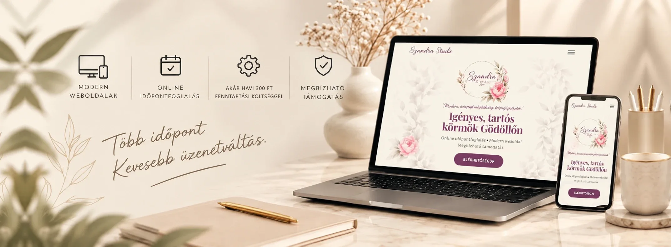 Több időpont. Kevesebb üzenetváltás. Modern weboldalak, online időpontfoglalás, akár havi 300 Ft fenntartási költséggel, megbízható támogatás. A Szandra Nails weboldala laptopon és telefonon.